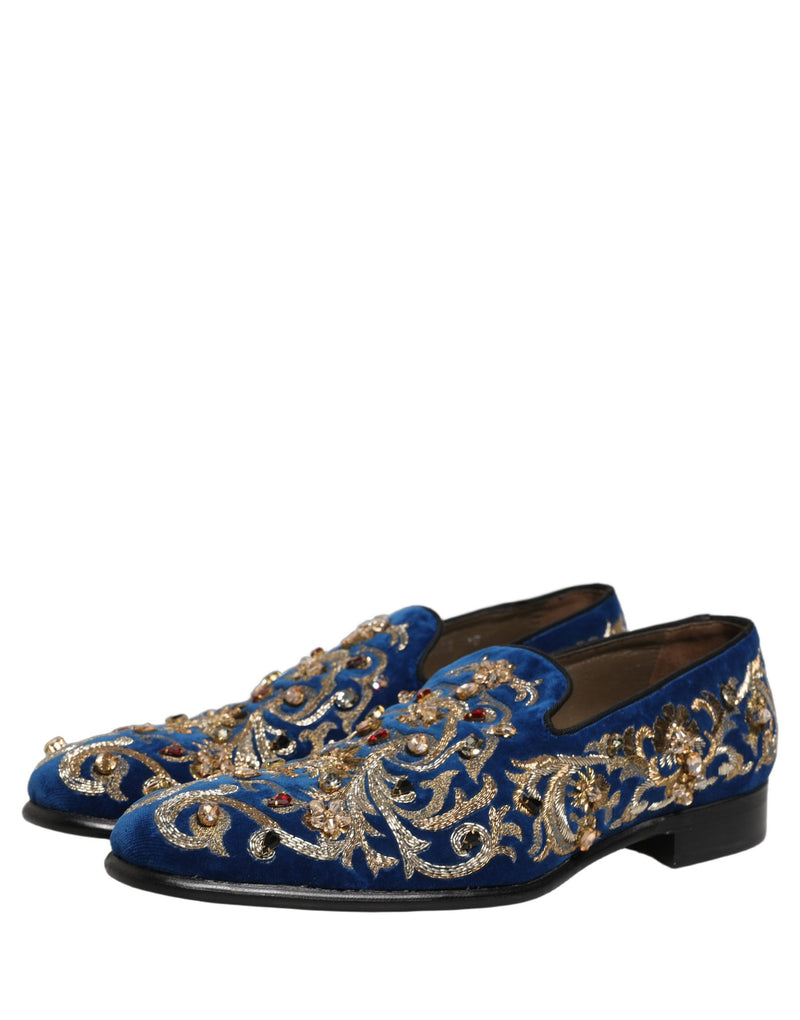 Dolce & Gabbana Blue Velvet Embellished Dress Loafers