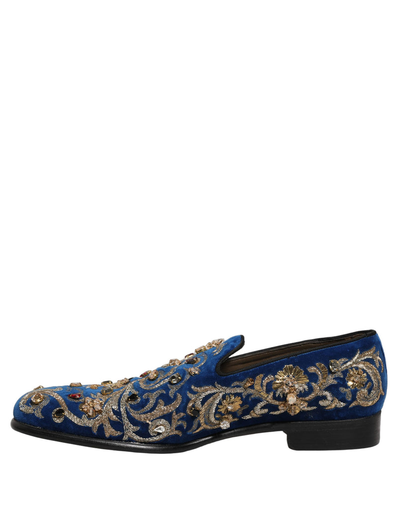 Dolce & Gabbana Blue Velvet Embellished Dress Loafers