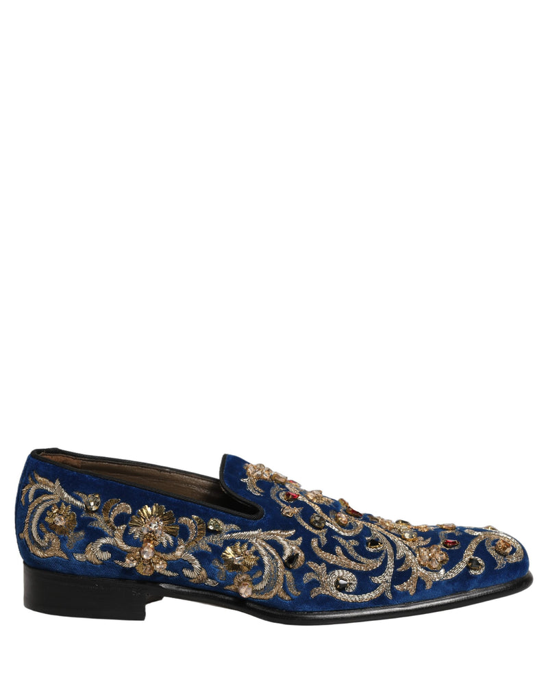 Dolce & Gabbana Blue Velvet Embellished Dress Loafers