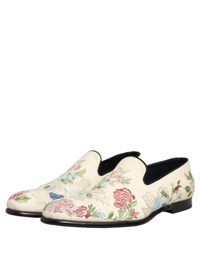 Dolce & Gabbana White Floral Embroidery Dress Loafers Shoes