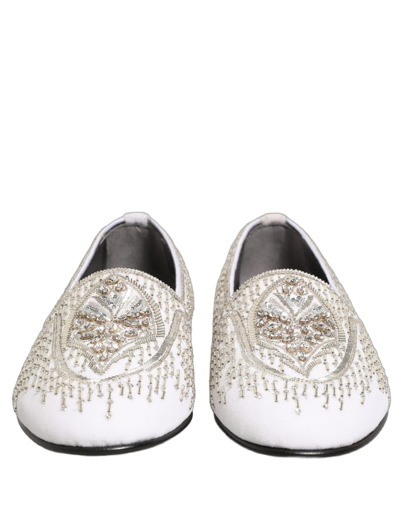 Dolce & Gabbana White Satin Embellished Dress Loafers