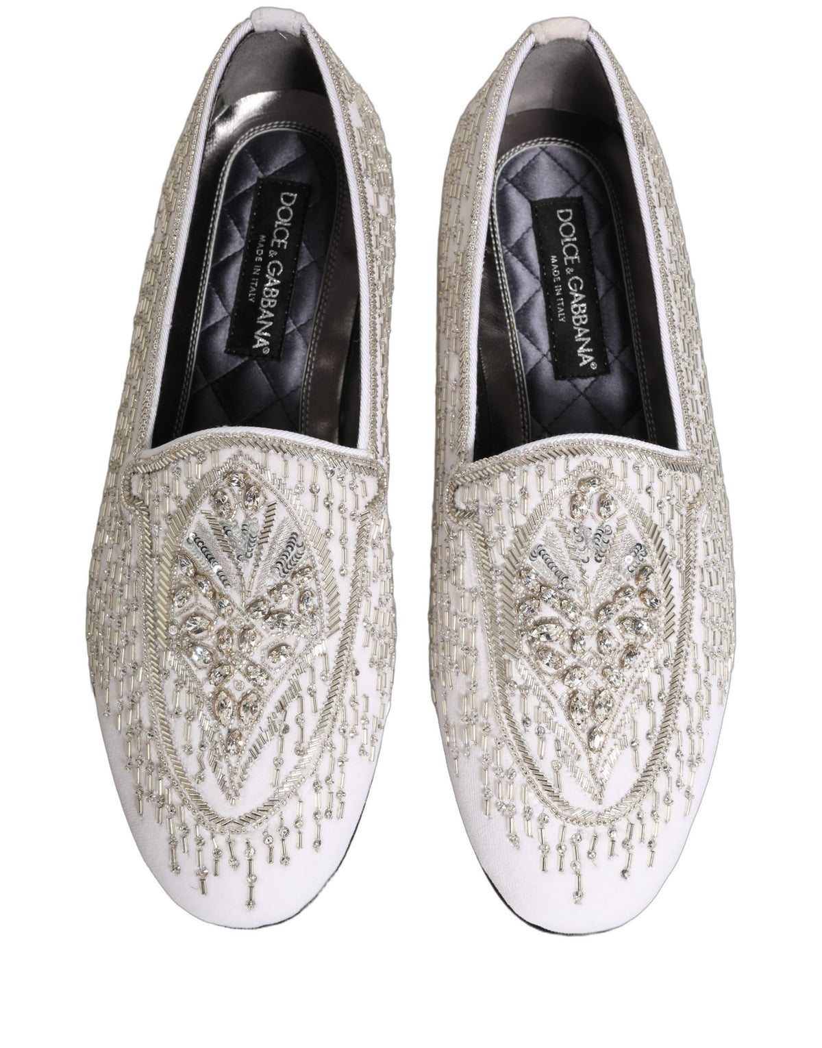 Dolce & Gabbana White Satin Embellished Dress Loafers