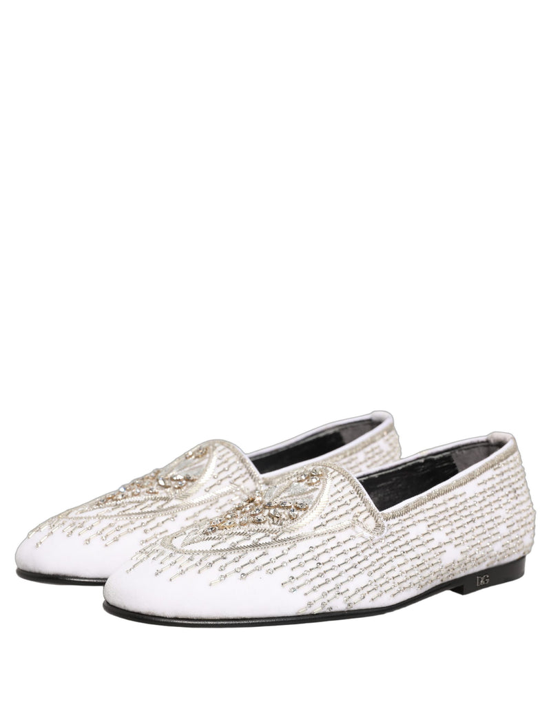 Dolce & Gabbana White Satin Embellished Dress Loafers