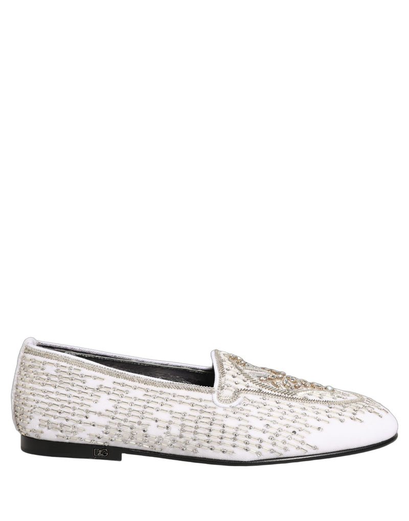 Dolce & Gabbana White Satin Embellished Dress Loafers