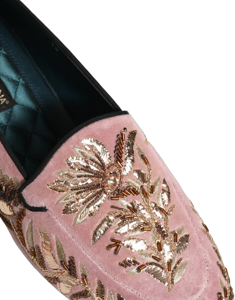 Dolce & Gabbana Pink Velvet Floral Embroidery Loafers Shoes