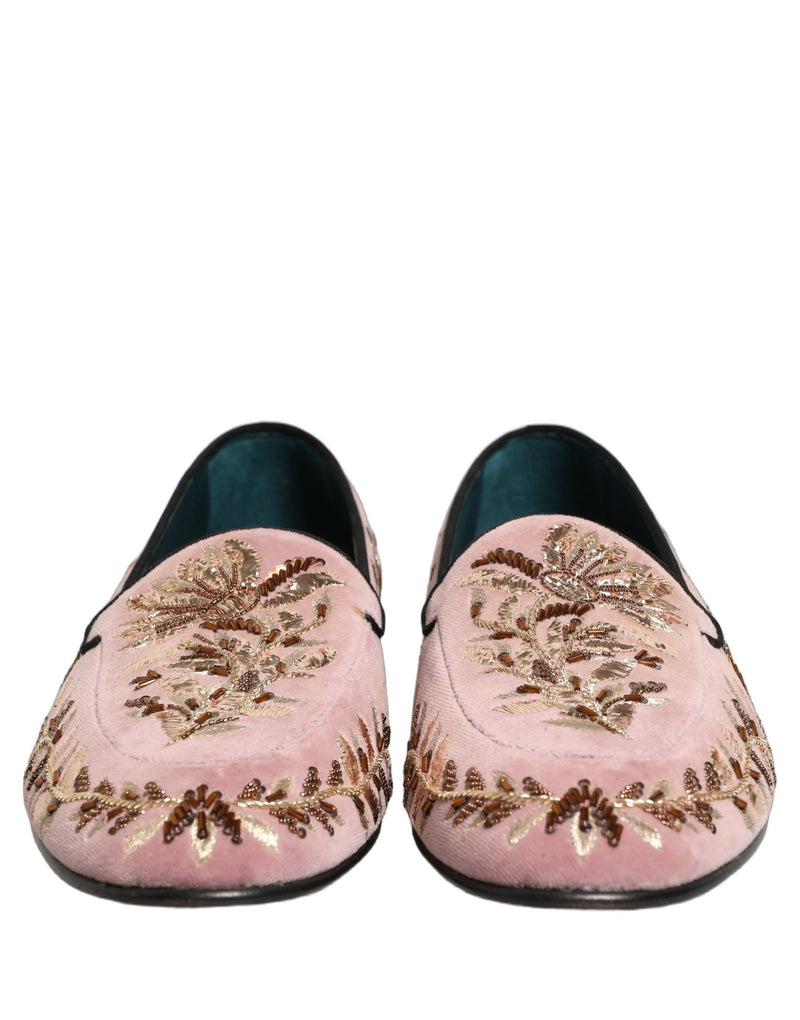 Dolce & Gabbana Pink Velvet Floral Embroidery Loafers Shoes