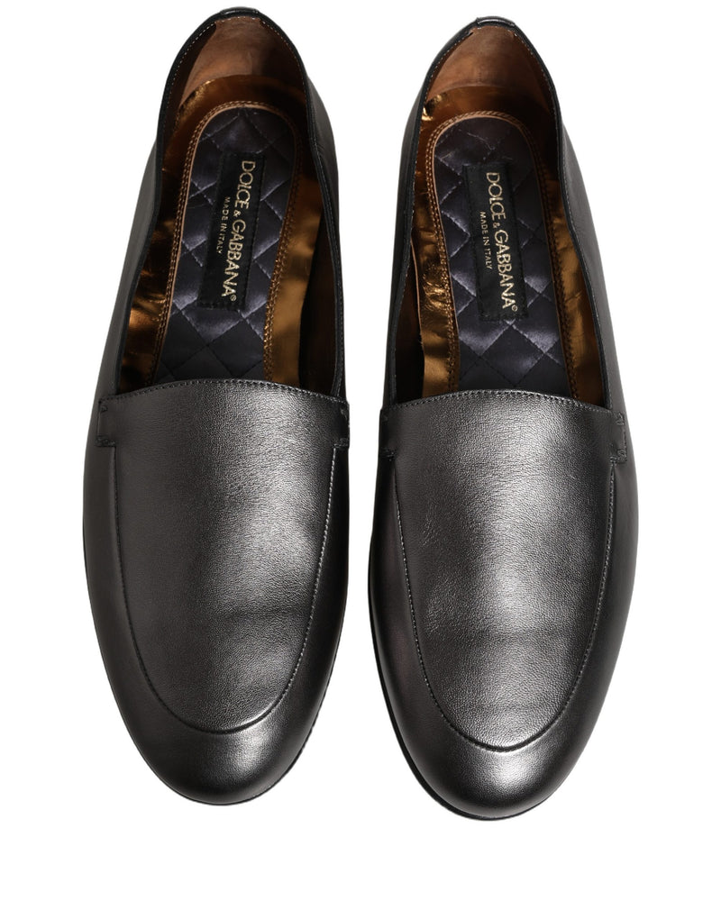 Dolce & Gabbana Silver Leather DG Logo Slip-On Loafers