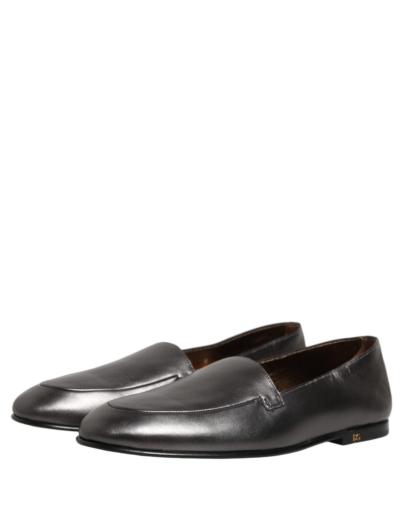 Dolce & Gabbana Silver Leather DG Logo Slip-On Loafers
