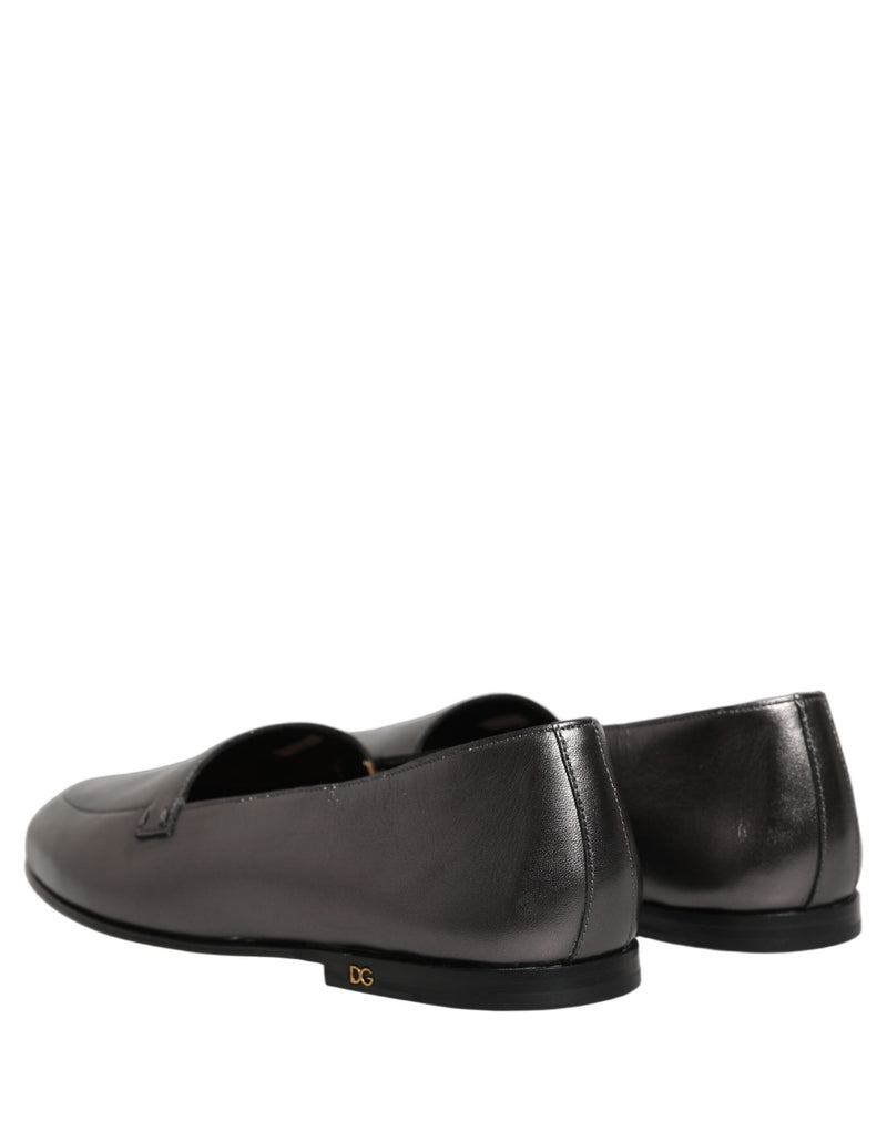 Dolce & Gabbana Silver Leather DG Logo Slip-On Loafers