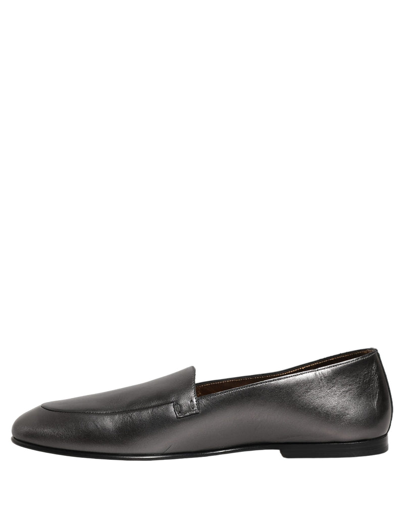 Dolce & Gabbana Silver Leather DG Logo Slip-On Loafers