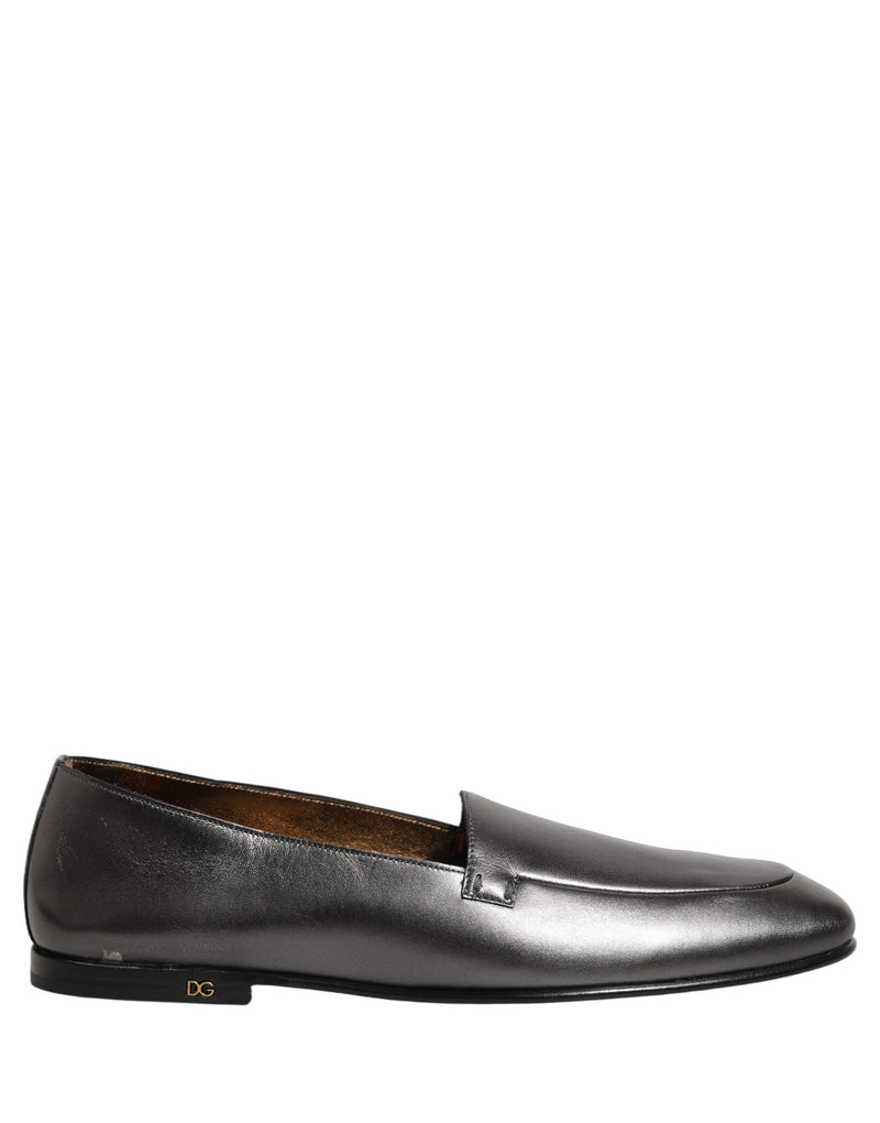 Dolce & Gabbana Silver Leather DG Logo Slip-On Loafers