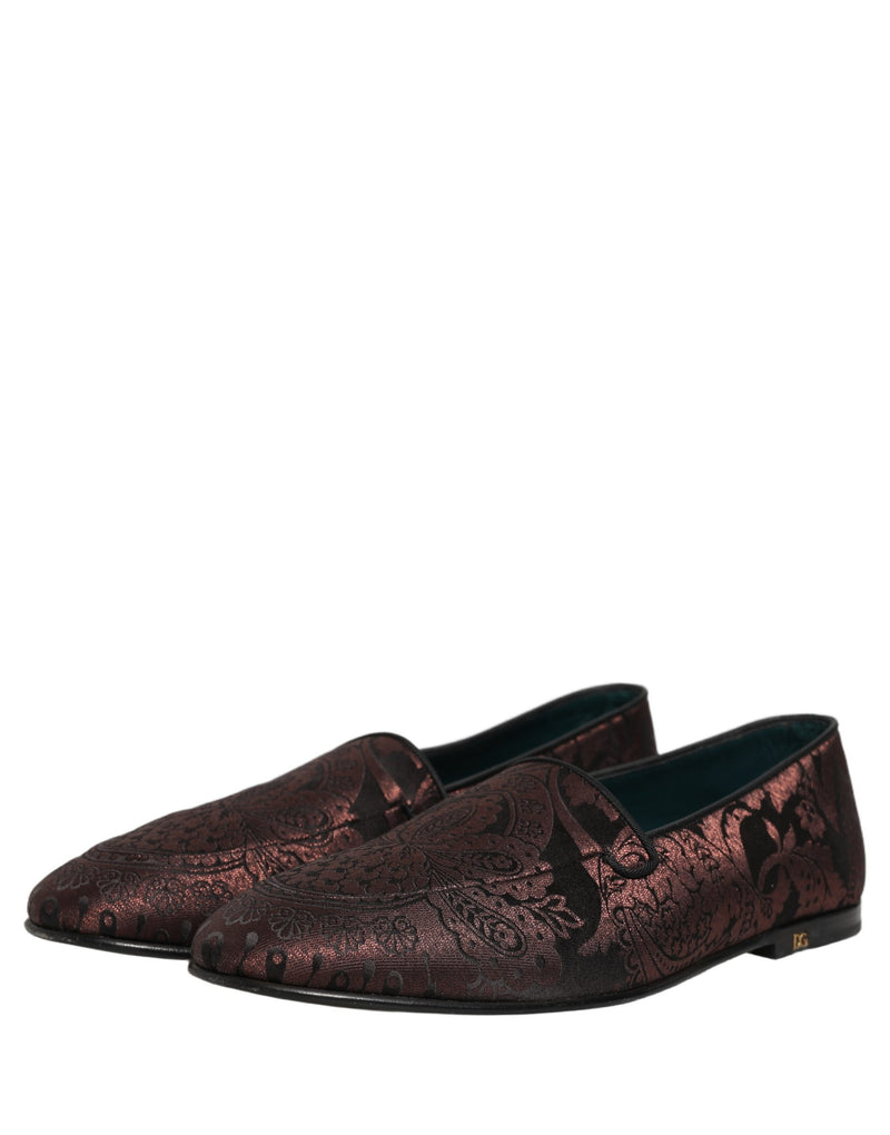 Dolce & Gabbana Maroon Jacquard Leather Slip-On Loafers