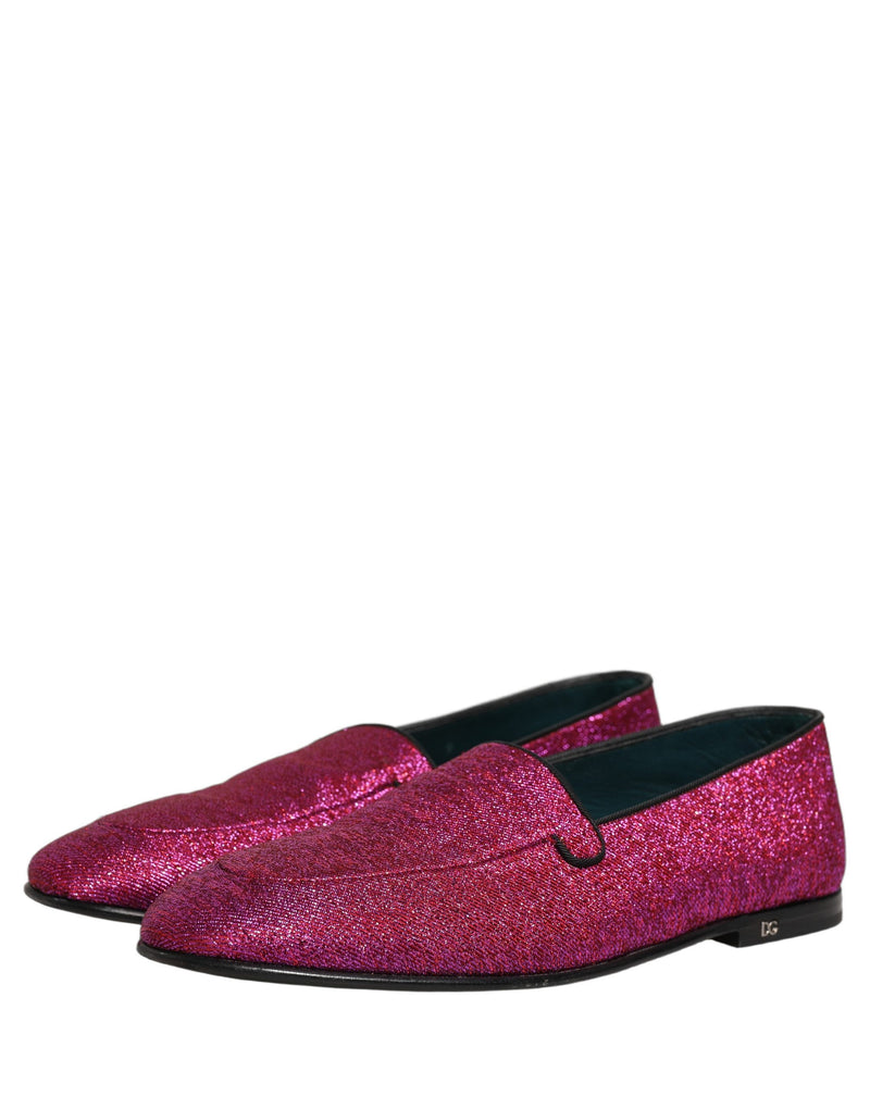 Dolce & Gabbana Pink Glitter Lurex Logo Dress Loafers