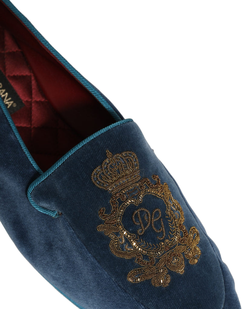 Dolce & Gabbana Blue Velvet Crown Embroidery Loafers