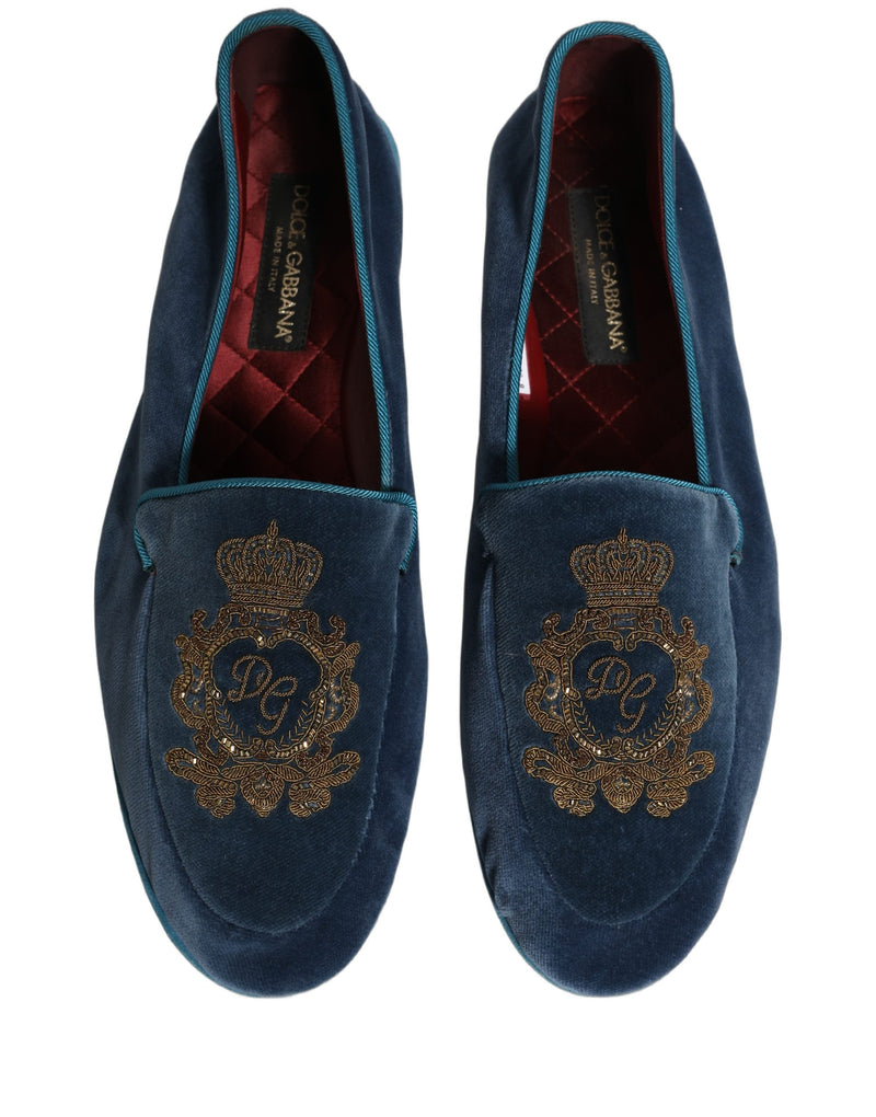 Dolce & Gabbana Blue Velvet Crown Embroidery Loafers