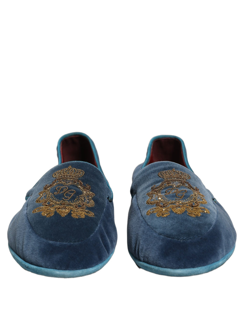 Dolce & Gabbana Blue Velvet Crown Embroidery Loafers