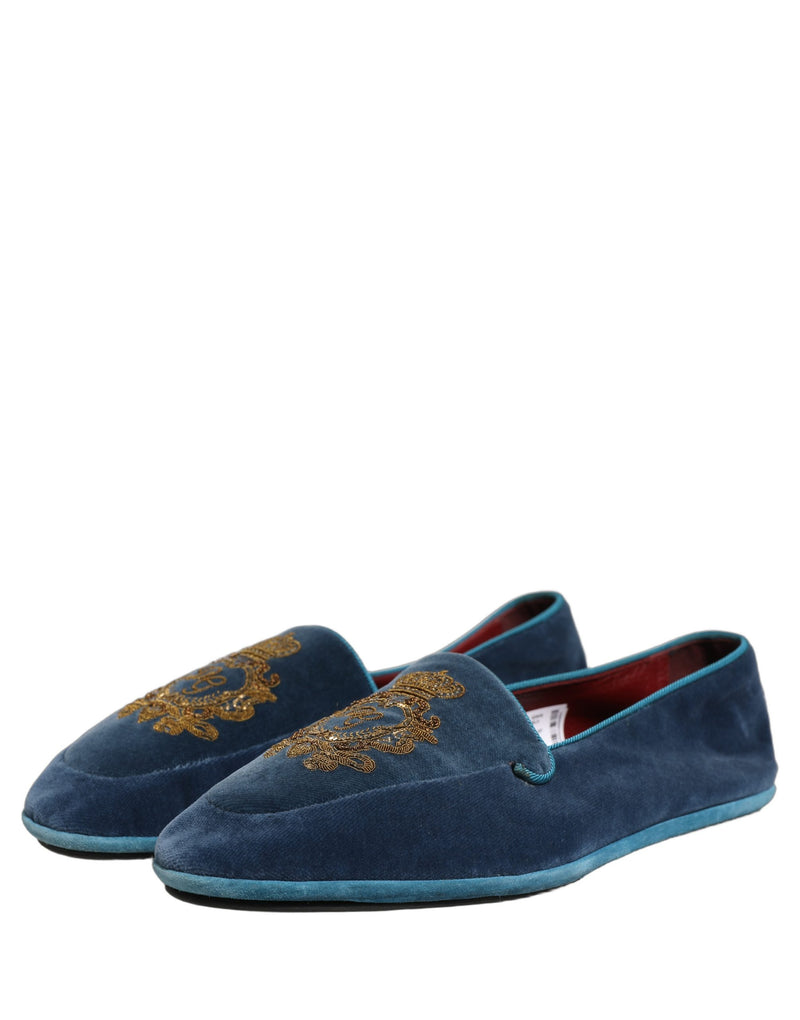 Dolce & Gabbana Blue Velvet Crown Embroidery Loafers