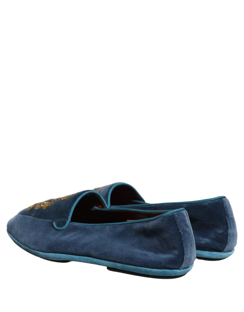 Dolce & Gabbana Blue Velvet Crown Embroidery Loafers
