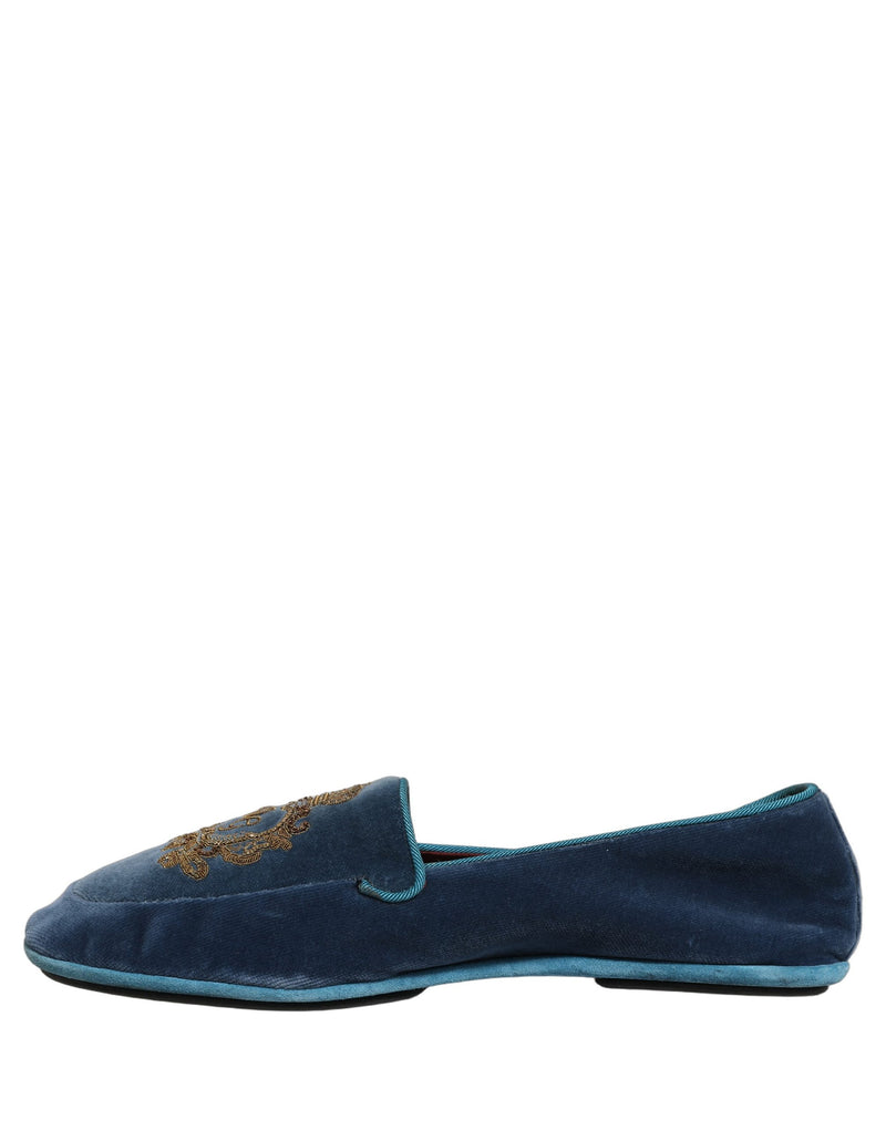 Dolce & Gabbana Blue Velvet Crown Embroidery Loafers