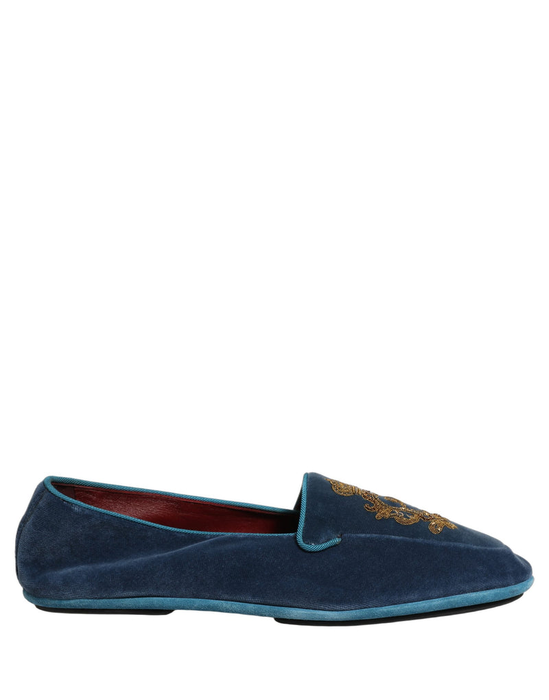 Dolce & Gabbana Blue Velvet Crown Embroidery Loafers