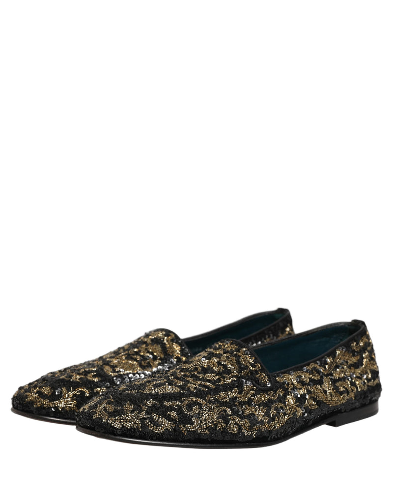 Dolce & Gabbana Black Gold Embellished Dress Loafers