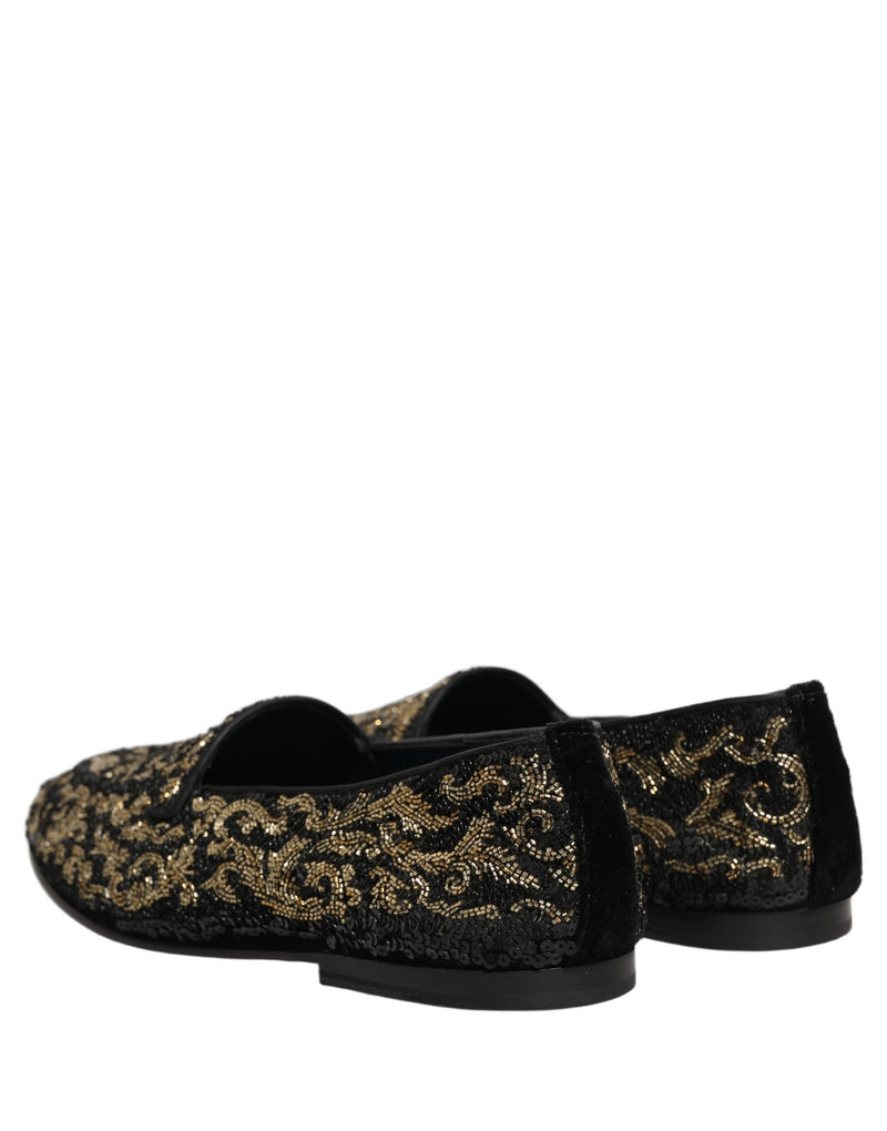 Dolce & Gabbana Black Gold Embellished Dress Loafers