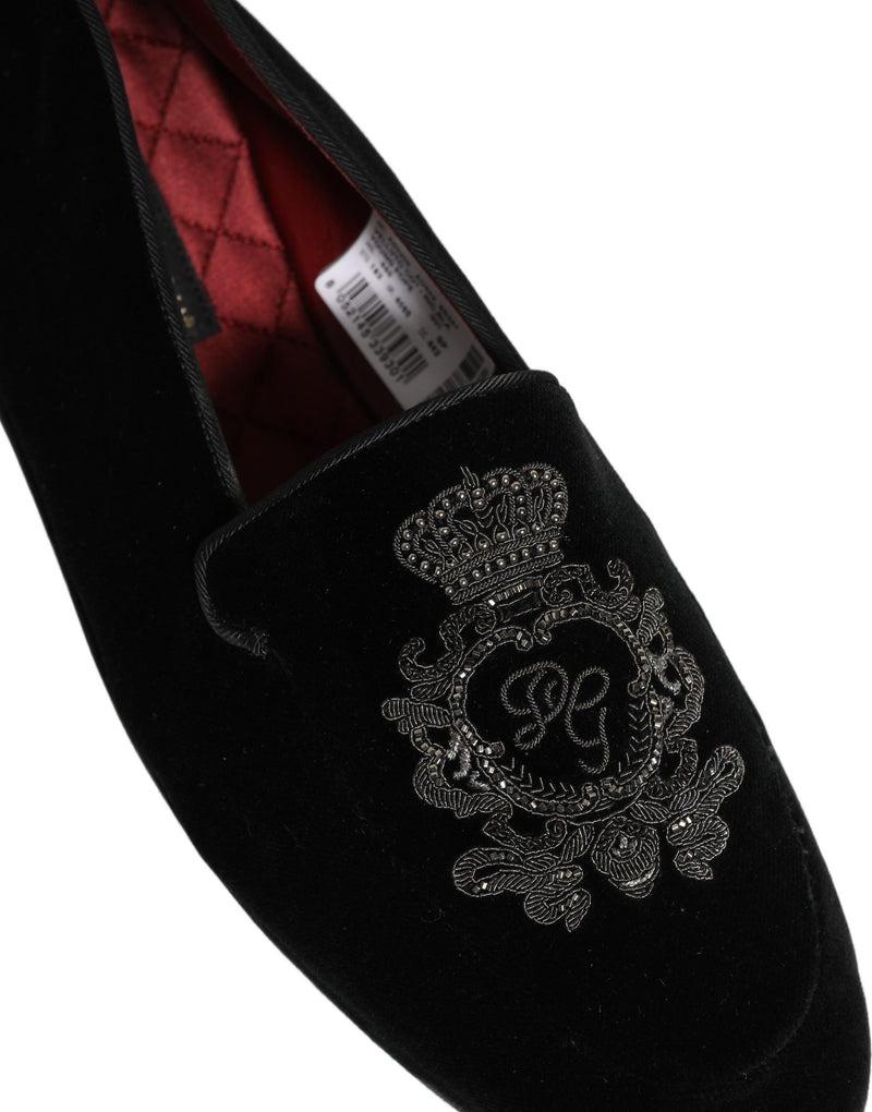 Dolce & Gabbana Black Velvet Crown Embroidery Loafers