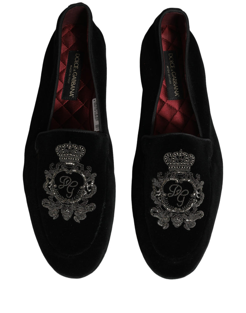 Dolce & Gabbana Black Velvet Crown Embroidery Loafers