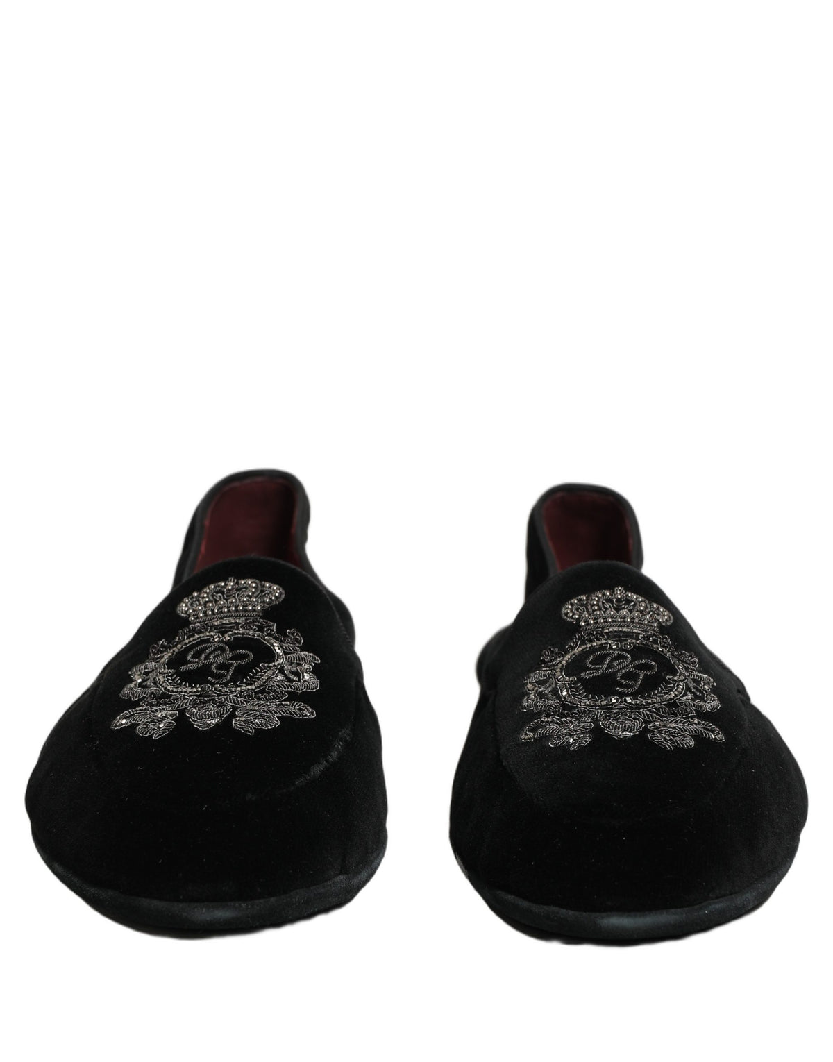 Dolce & Gabbana Black Velvet Crown Embroidery Loafers