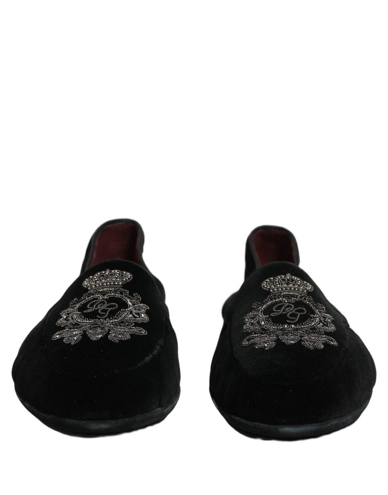 Dolce & Gabbana Black Velvet Crown Embroidery Loafers