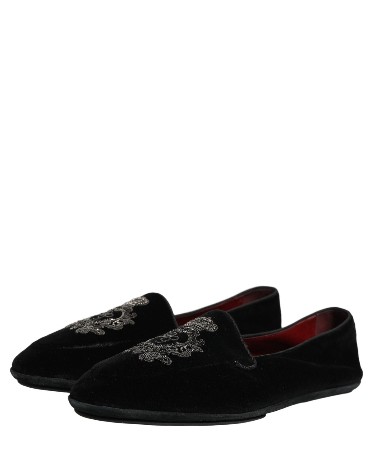 Dolce & Gabbana Black Velvet Crown Embroidery Loafers