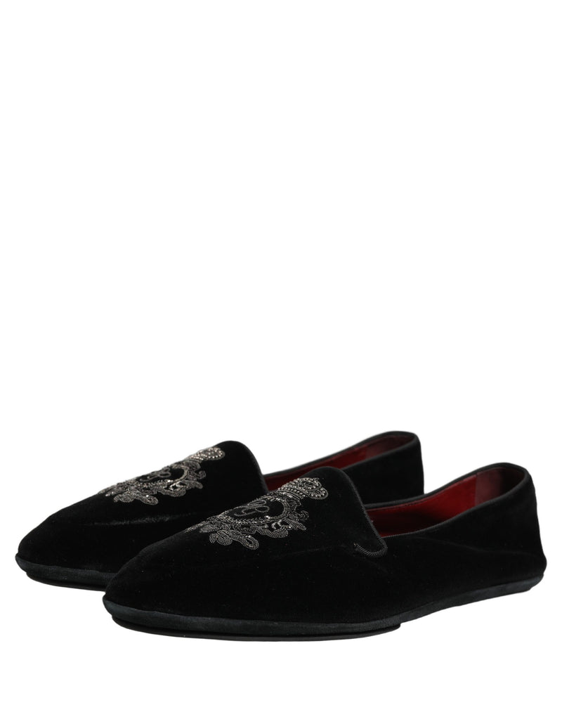 Dolce & Gabbana Black Velvet Crown Embroidery Loafers