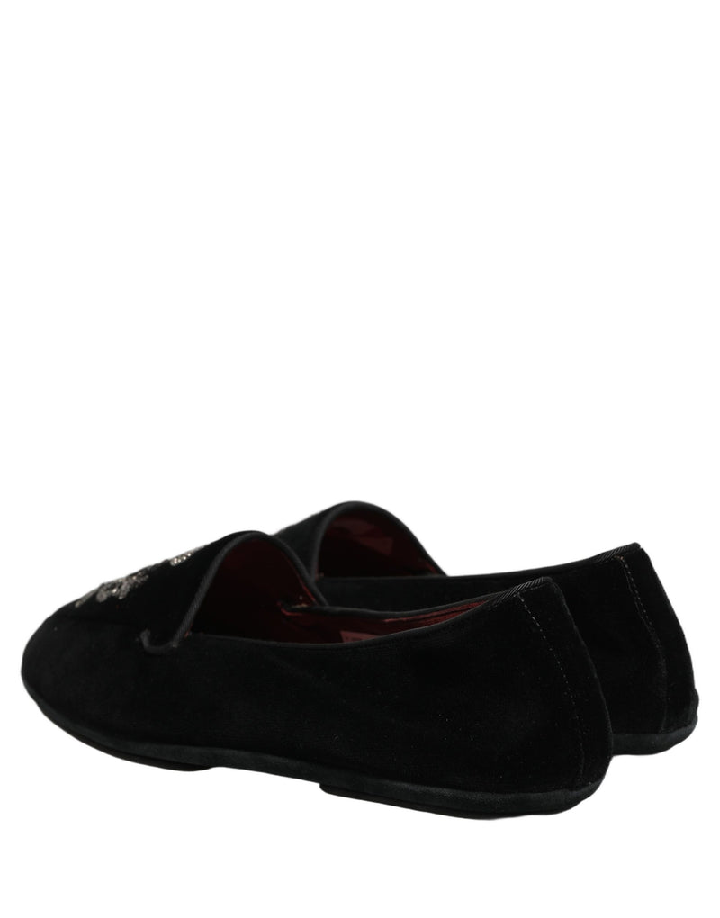 Dolce & Gabbana Black Velvet Crown Embroidery Loafers