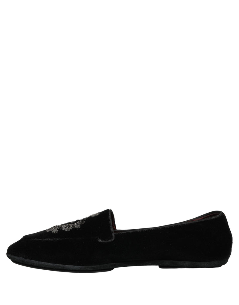 Dolce & Gabbana Black Velvet Crown Embroidery Loafers