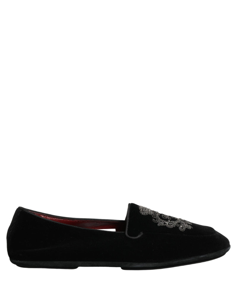 Dolce & Gabbana Black Velvet Crown Embroidery Loafers