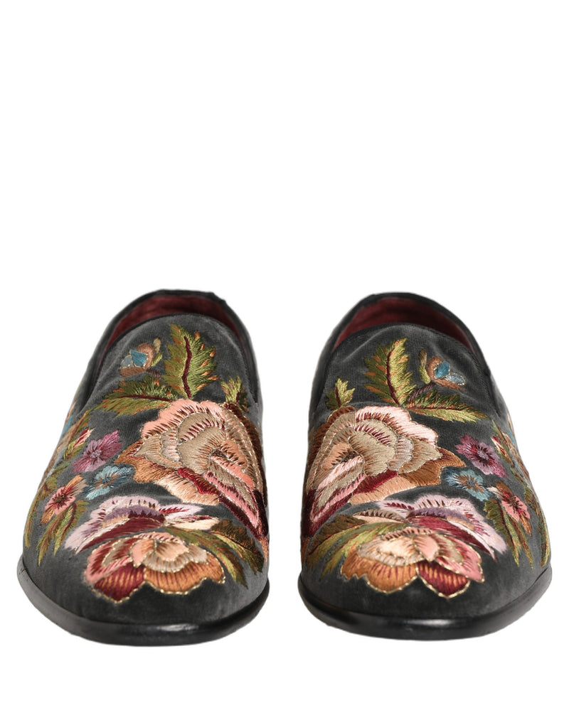 Dolce & Gabbana Black Velvet Floral Embroidery Loafers