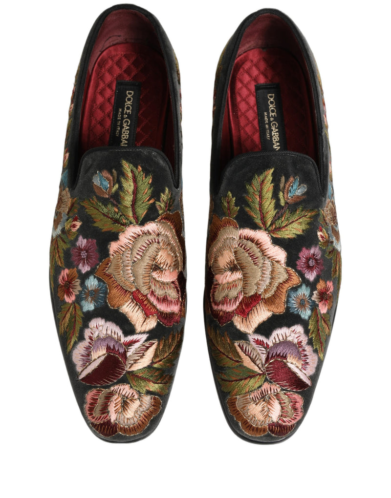 Dolce & Gabbana Black Velvet Floral Embroidery Loafers