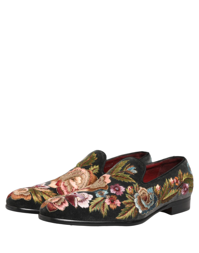 Dolce & Gabbana Black Velvet Floral Embroidery Loafers