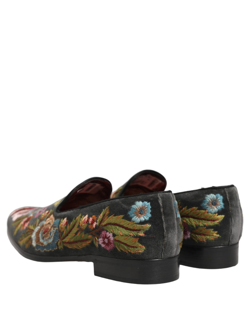 Dolce & Gabbana Black Velvet Floral Embroidery Loafers