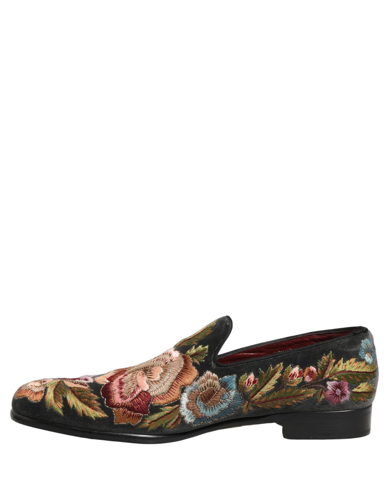 Dolce & Gabbana Black Velvet Floral Embroidery Loafers