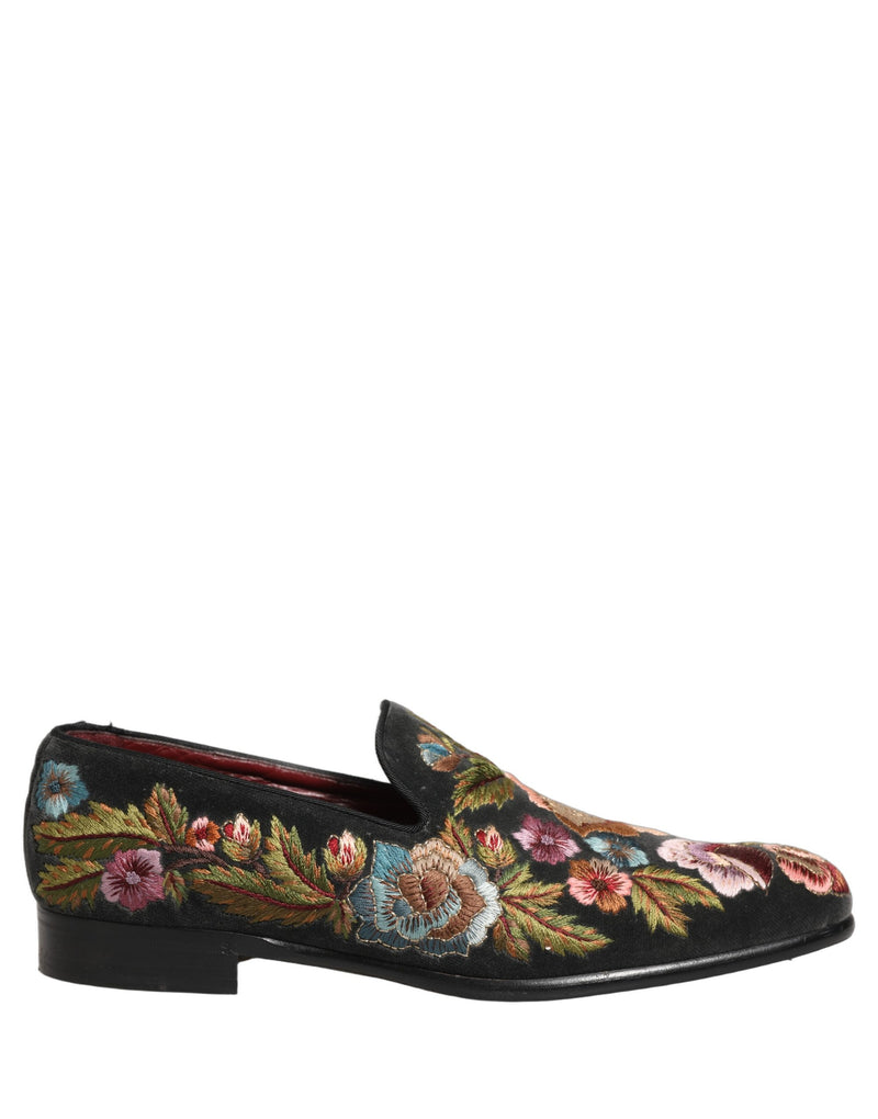 Dolce & Gabbana Black Velvet Floral Embroidery Loafers