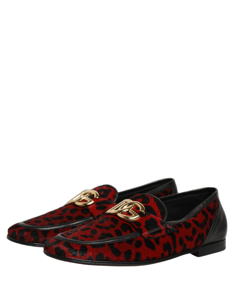 Dolce & Gabbana Red Leopard Print Pony Hair Dress Loafers