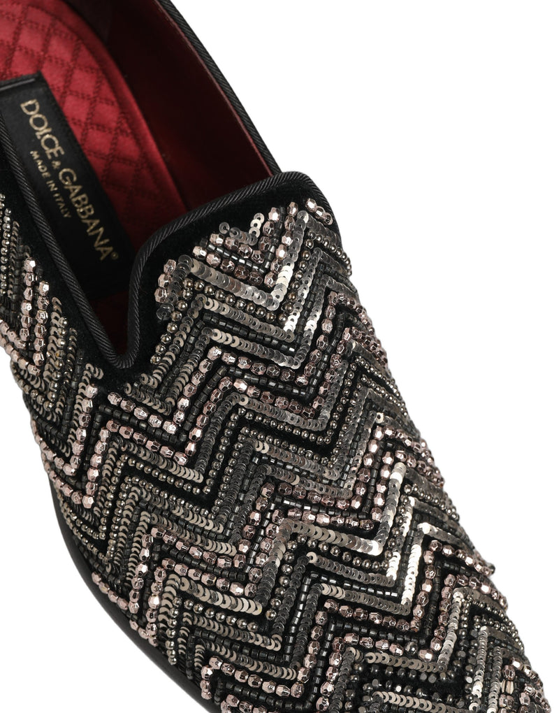 Dolce & Gabbana Black Velvet Floral Embellished Loafers