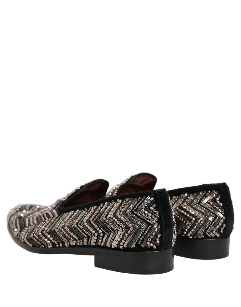 Dolce & Gabbana Black Velvet Floral Embellished Loafers