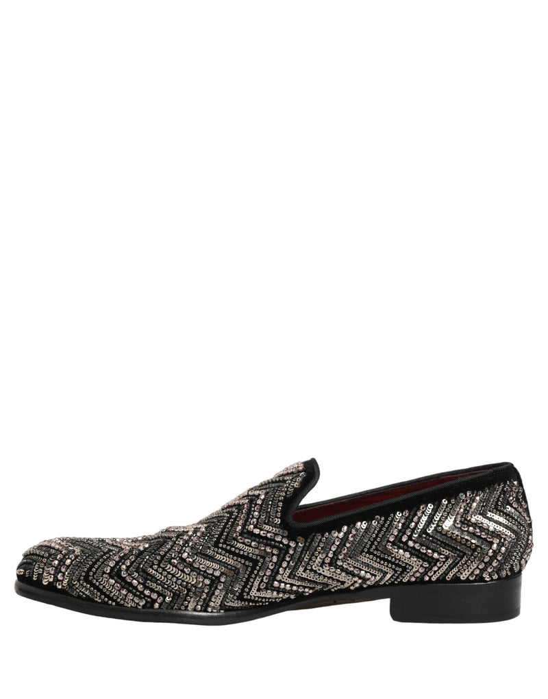 Dolce & Gabbana Black Velvet Floral Embellished Loafers