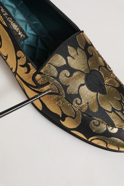 Dolce & Gabbana Black Gold Floral Jacquard Dress Loafers Shoes