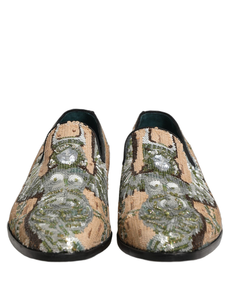 Dolce & Gabbana Beige Sequin Embroidery Dress Loafers