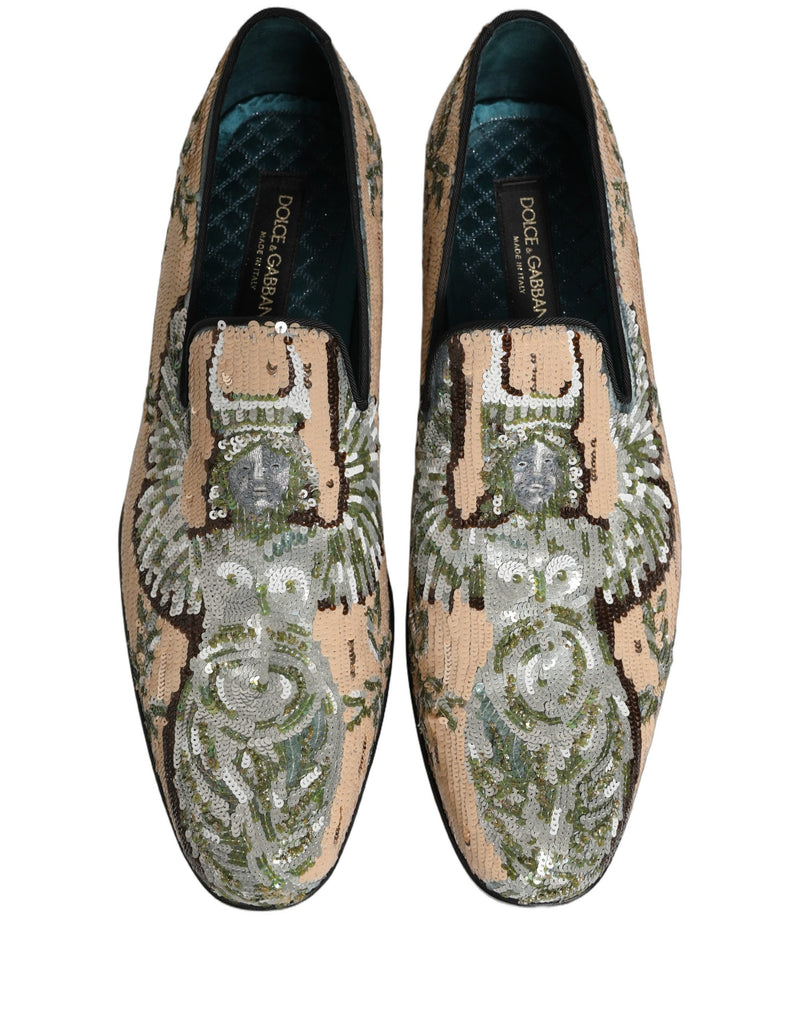 Dolce & Gabbana Beige Sequin Embroidery Dress Loafers
