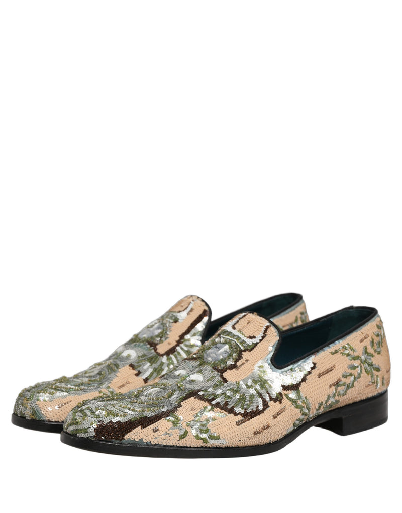 Dolce & Gabbana Beige Sequin Embroidery Dress Loafers