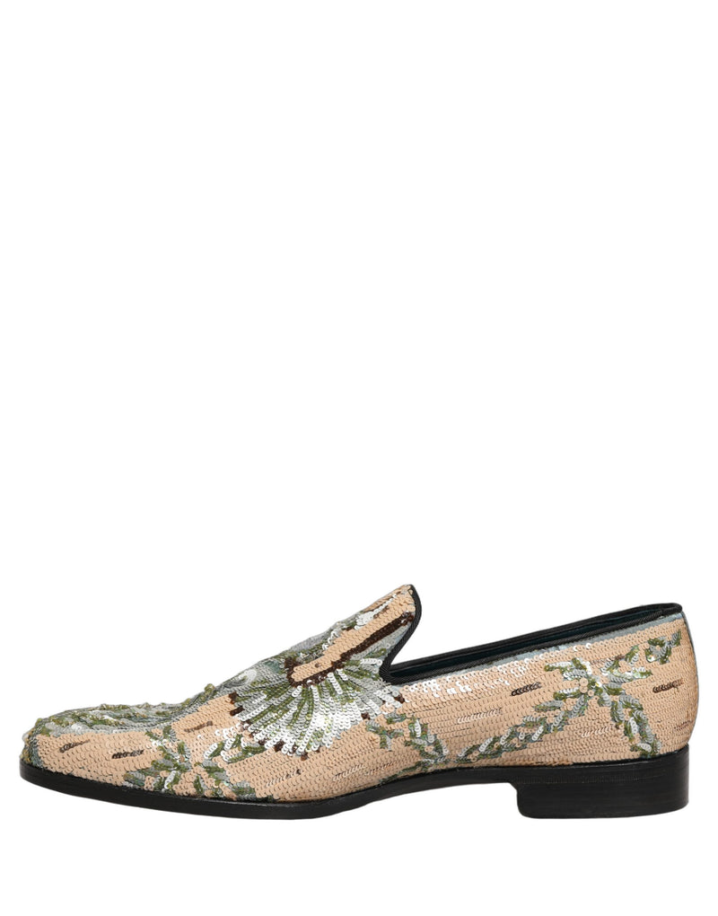 Dolce & Gabbana Beige Sequin Embroidery Dress Loafers